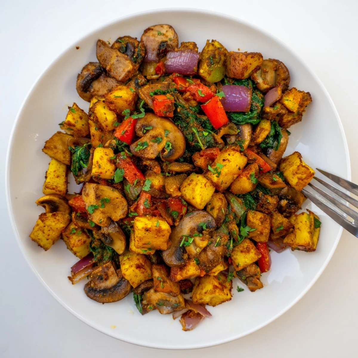 Sizzling skillet of flavorful vegan breakfast hash loaded with vegetables and smoky spices