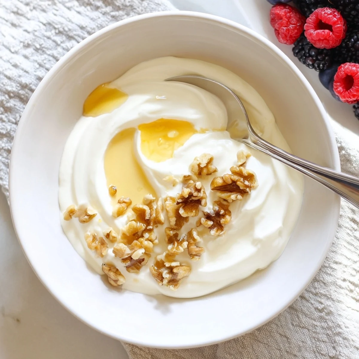 Glass jar of velvety Greek yogurt alongside granola, blueberries, and a drizzle of golden honey