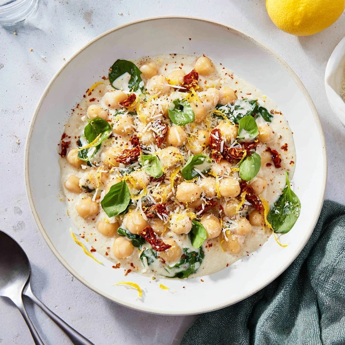 Creamy Marry Me Chickpeas simmered with sun-dried tomatoes, spinach, and fresh basil in a rich sauce bowl.