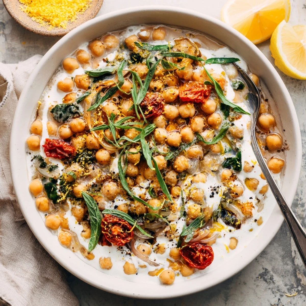 Golden Marry Me Chickpeas skillet topped with lemon zest and basil, served over steaming white rice.
