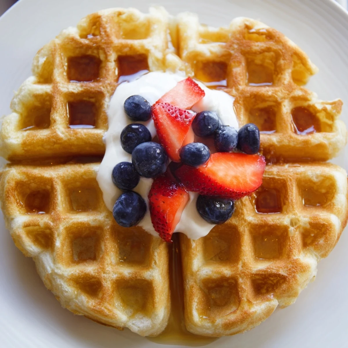 Crispy golden Greek yogurt waffles stacked on a plate with maple syrup drizzling down the edges.