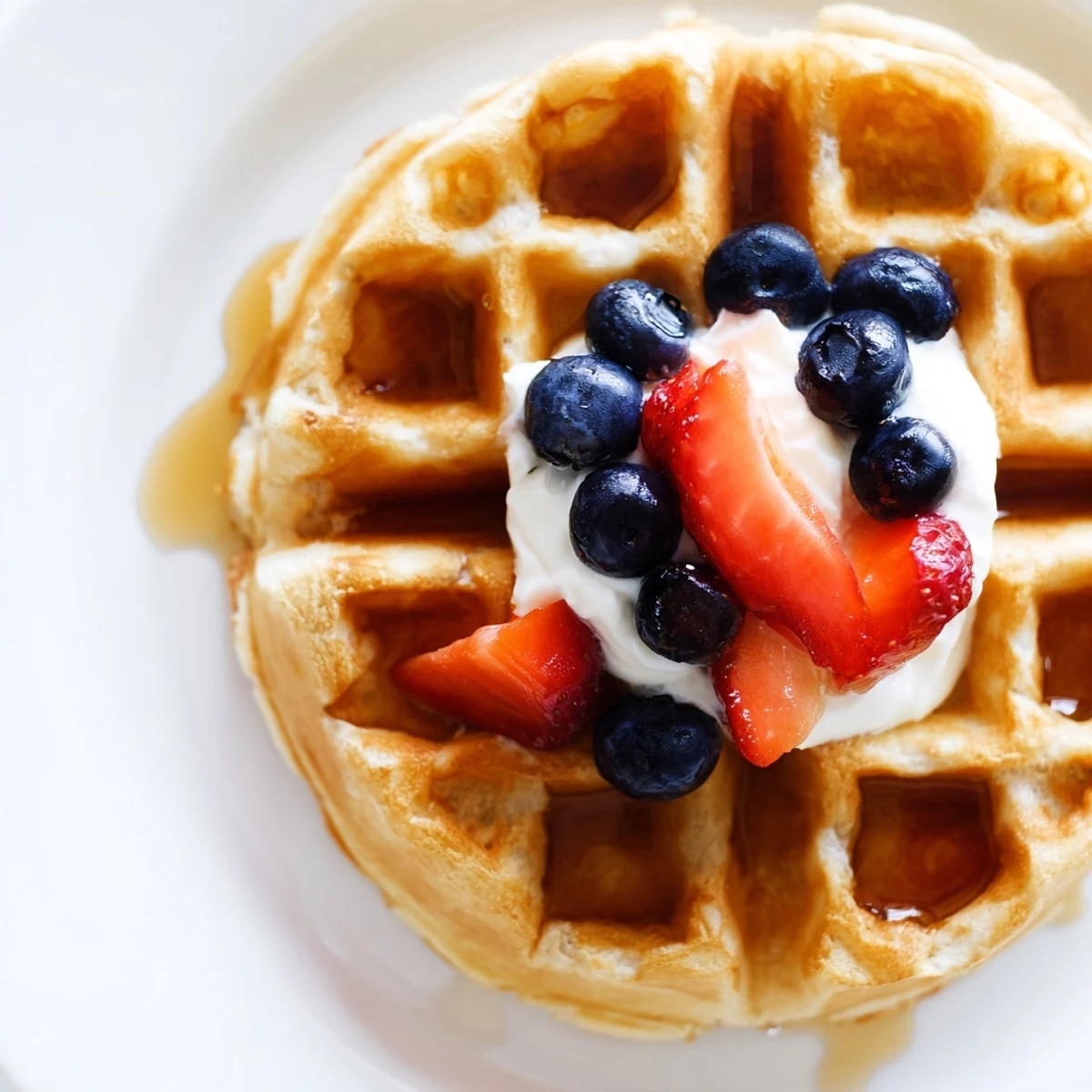 Fluffy Greek yogurt waffles topped with fresh berries and a dollop of whipped cream.
