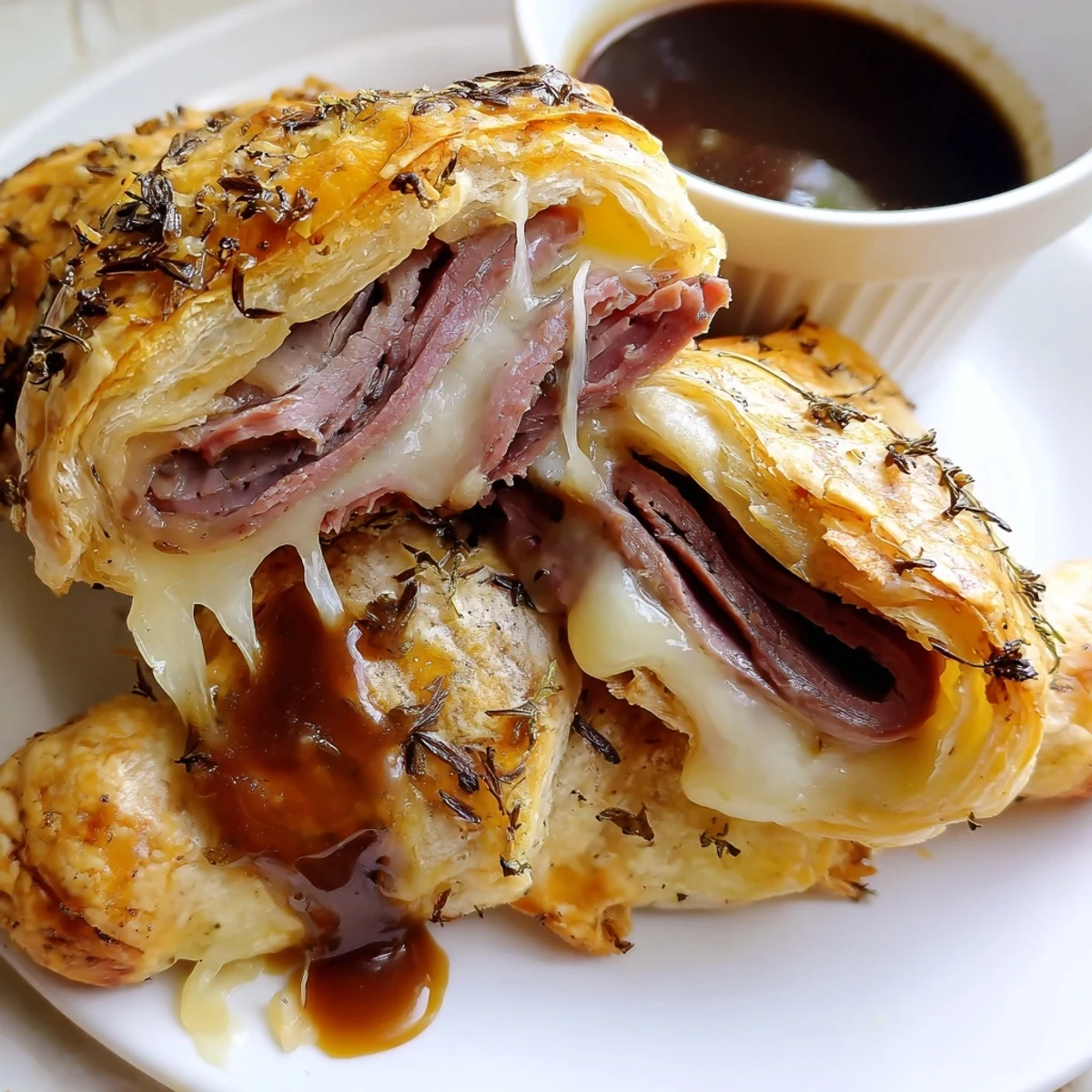 Golden beef and cheese French dip roll ups with savory au jus in a dipping bowl
