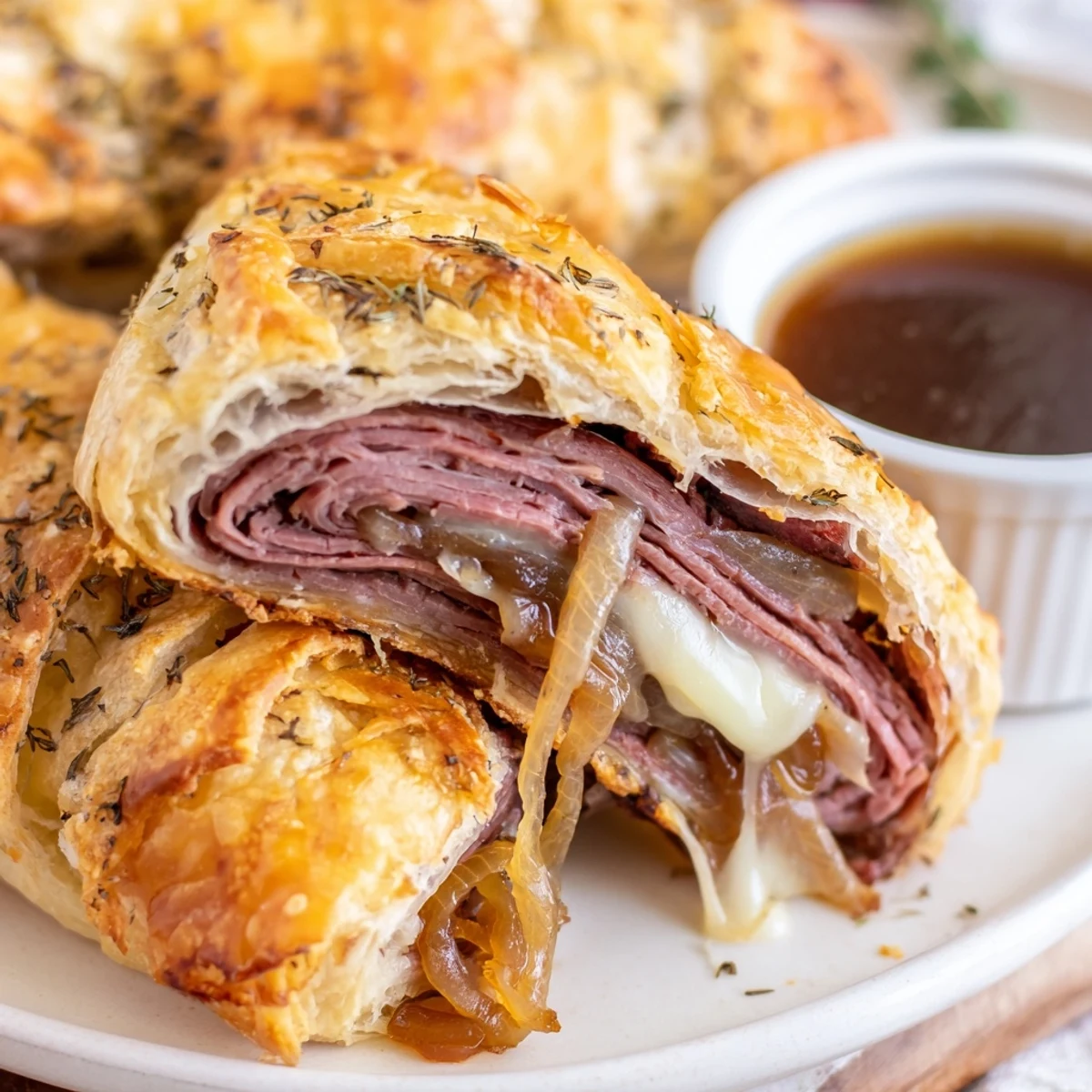 Baked beef and cheese French dip roll ups served hot with rich beef broth