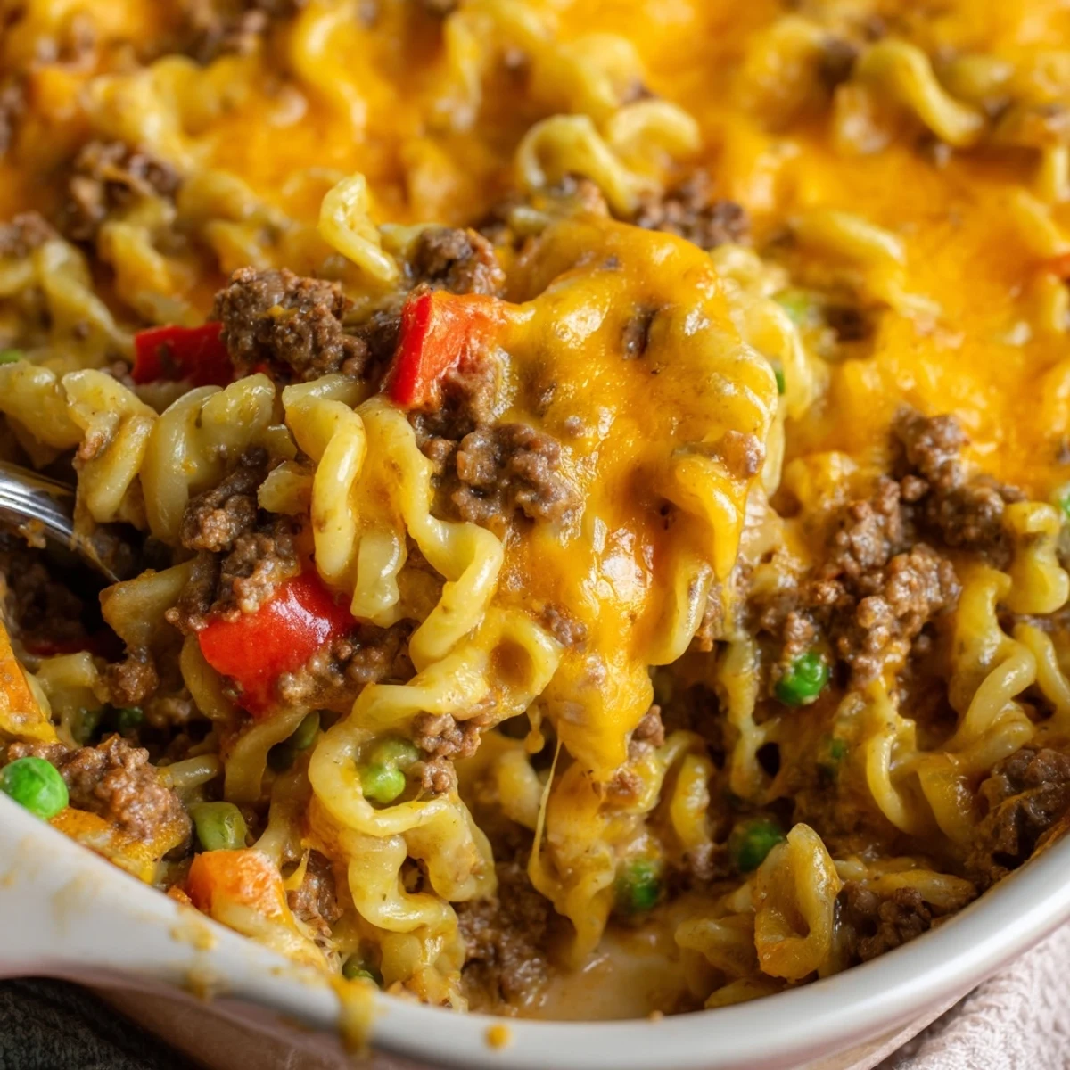 Golden bubbly cheesy beef and noodle casserole fresh from the oven with melted cheddar topping