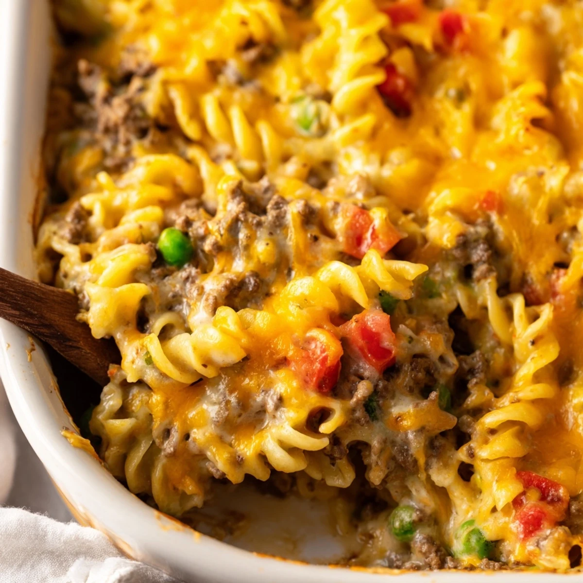 Creamy cheesy beef and noodle casserole with tender egg noodles in a rich savory beef sauce