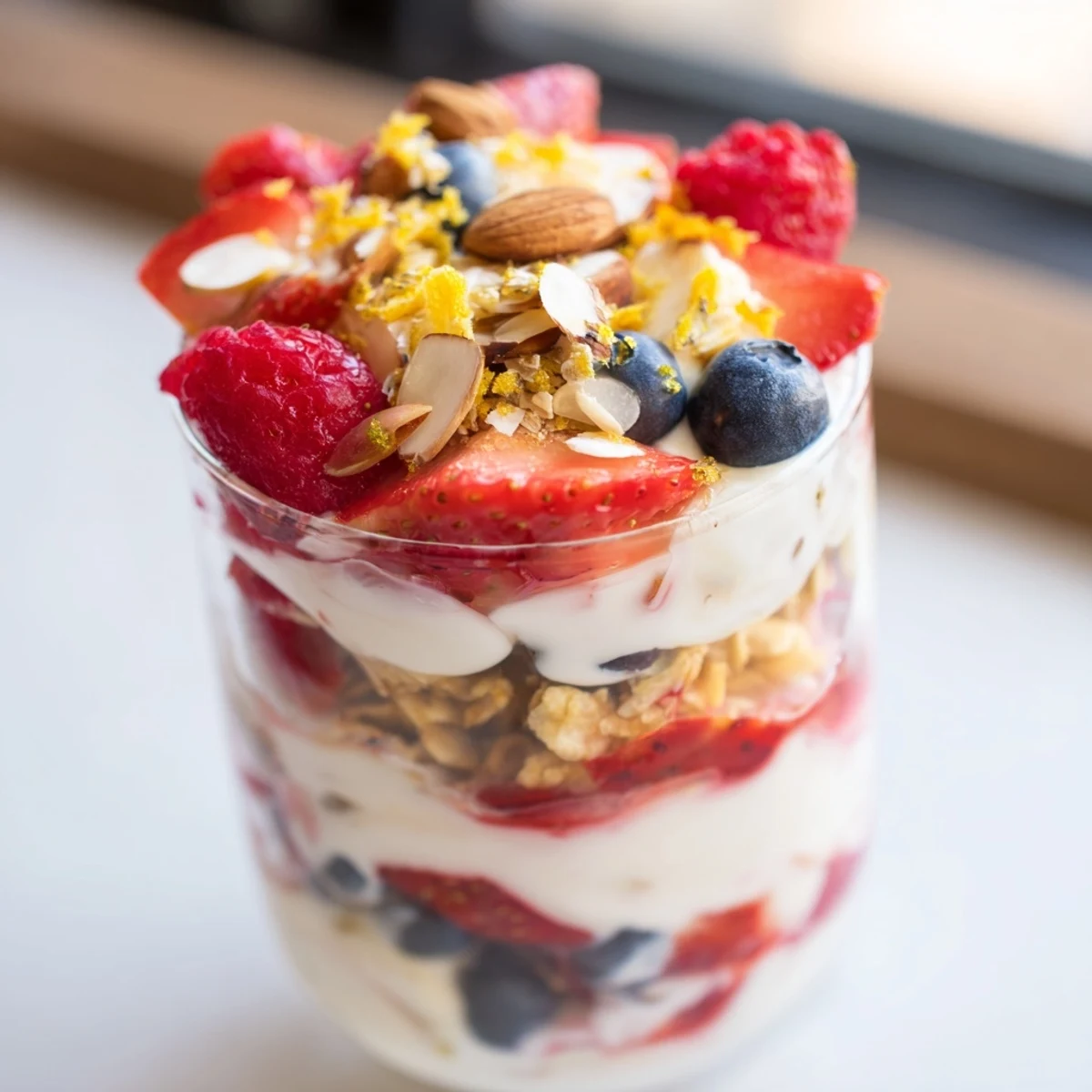 Creamy Greek Yogurt Parfait layered with bright berries and golden granola in a glass