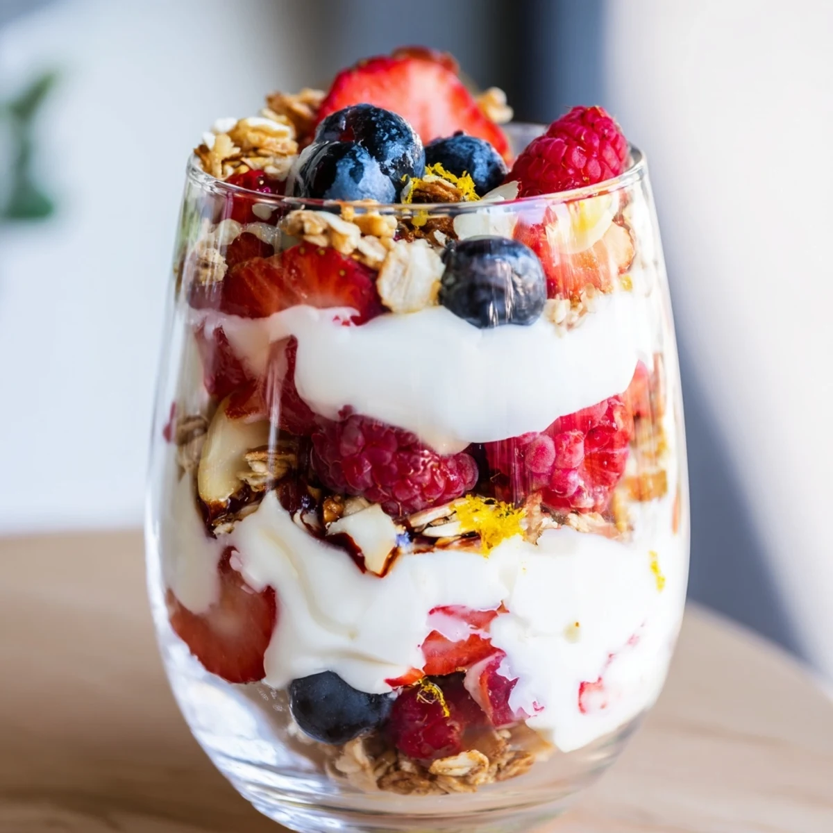 Greek Yogurt Parfait topped with fresh strawberries, blueberries, and crunchy honey-drizzled oats