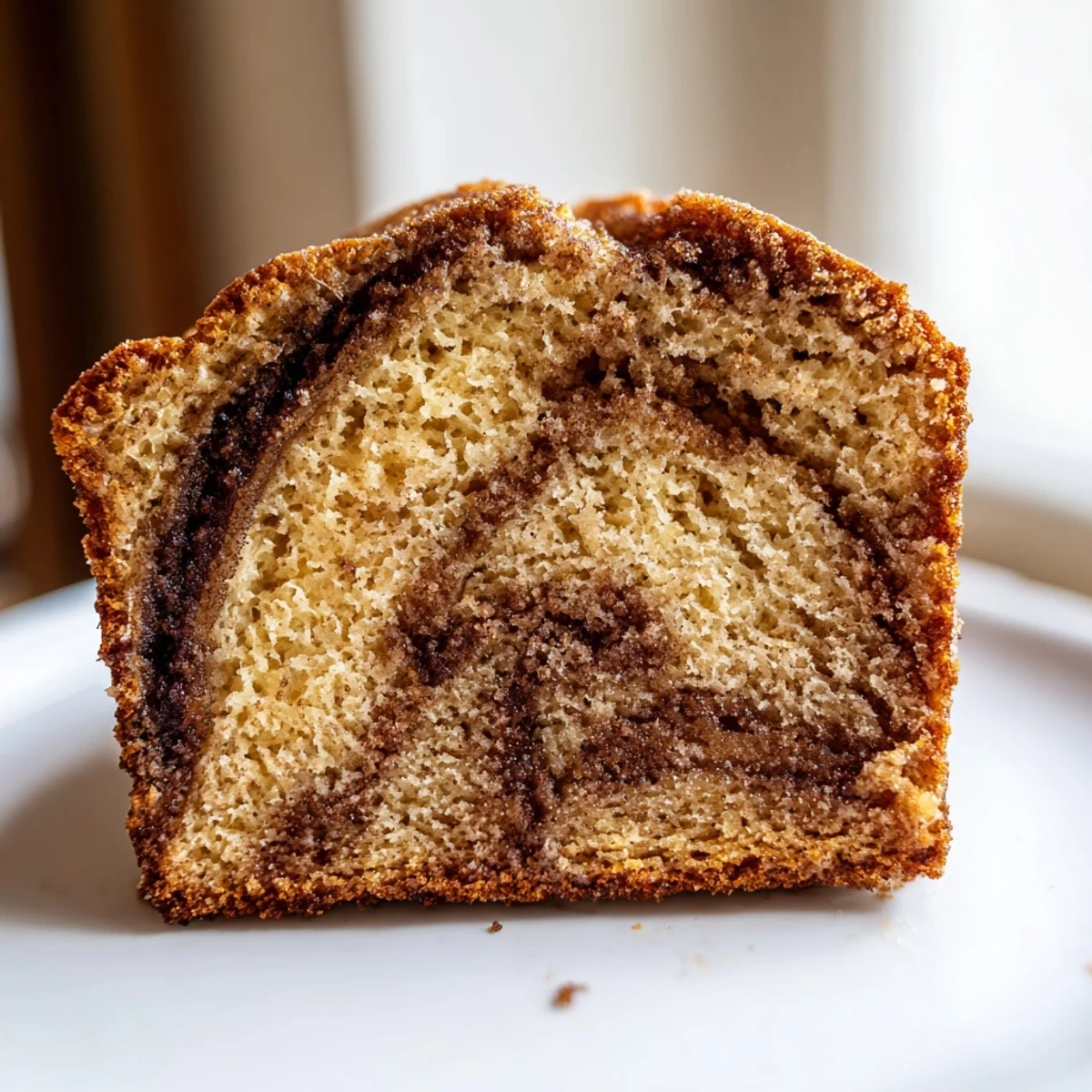 Warm slice of Cinnamon Sugar Swirl Banana Bread topped with melting butter on a rustic wooden board