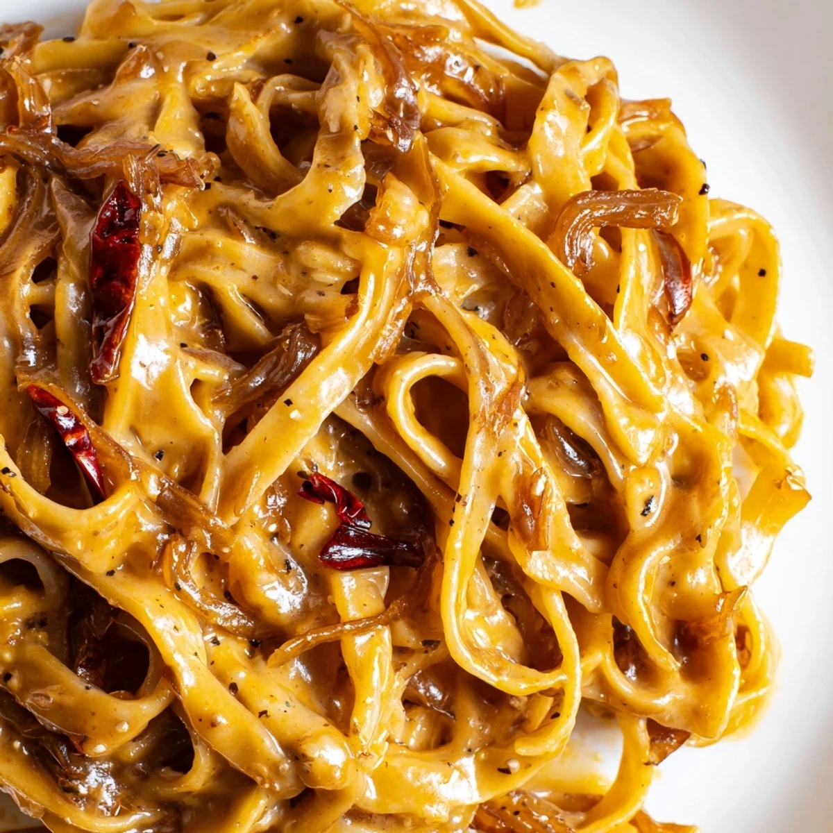 Creamy Sweet Heat Caramelized Onion Fettuccine topped with fresh parsley and Parmesan cheese