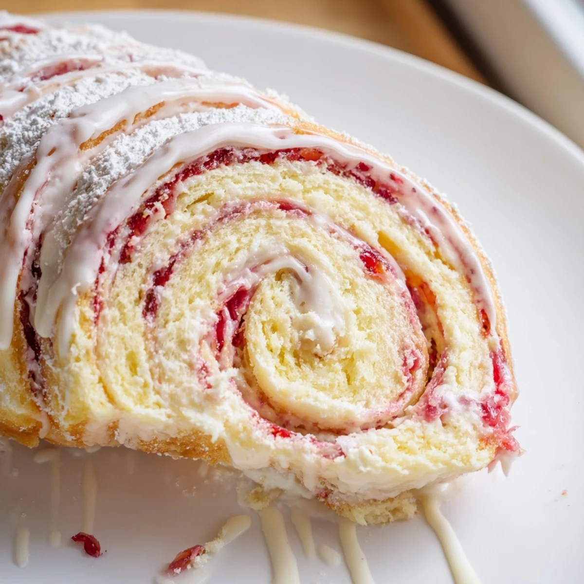 Golden Strawberry Shortcake Cheesecake Rolls drizzled with sweet vanilla glaze on rustic white plate