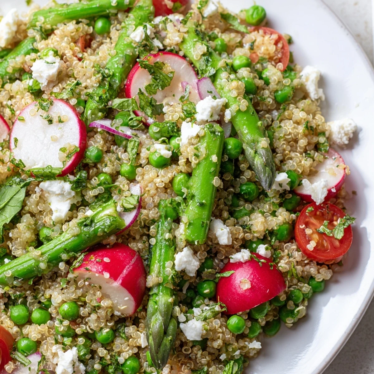 Spring Vegetable Quinoa Salad in a rustic bowl with crisp asparagus and bright snap peas