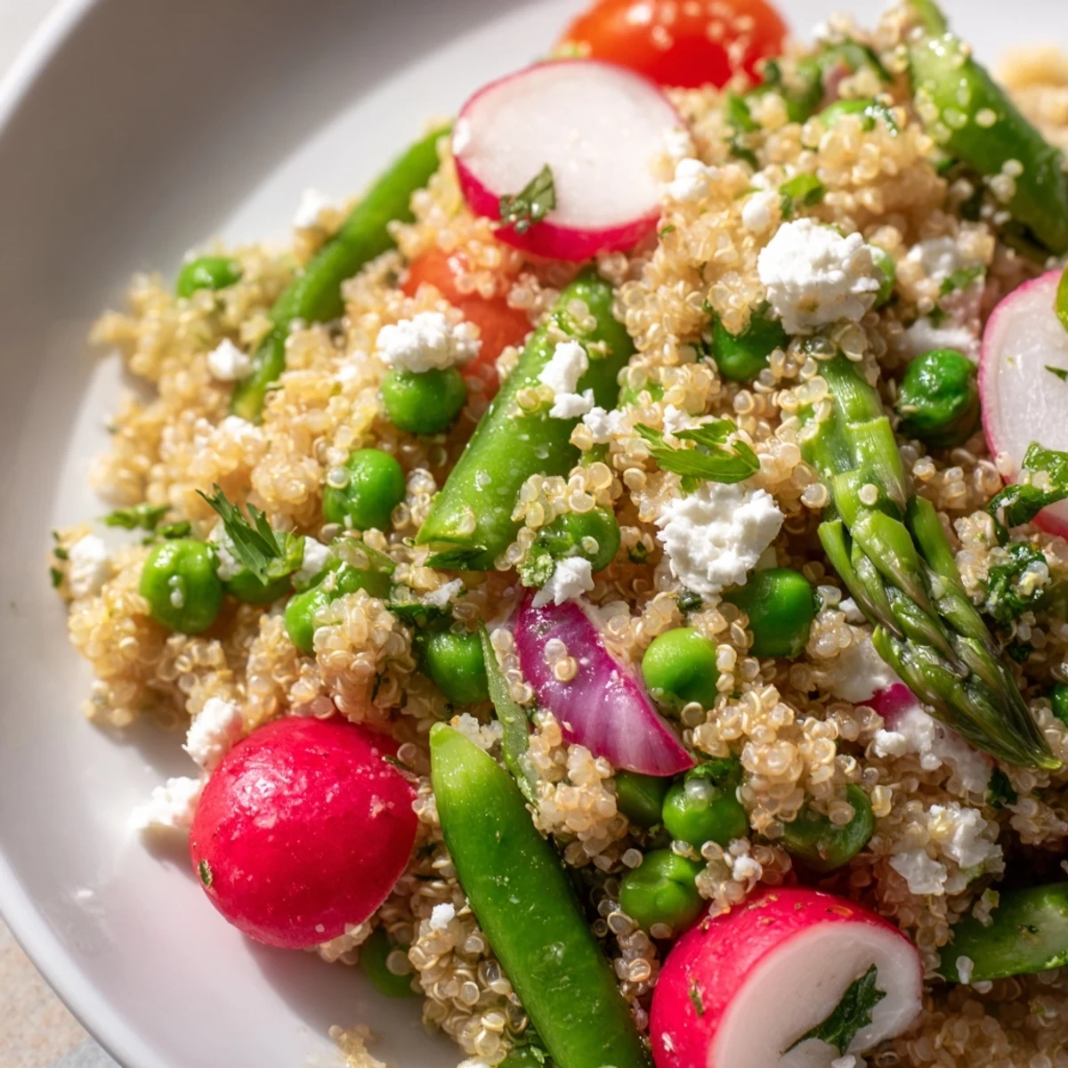 Fluffy quinoa tossed with radishes, tomatoes, and herbs in this Spring Vegetable Quinoa Salad