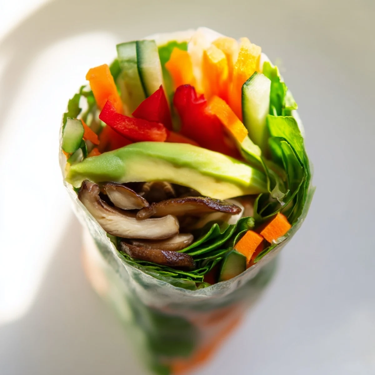 Avocado shiitake spring rolls arranged on a plate beside a small bowl of ginger dipping sauce