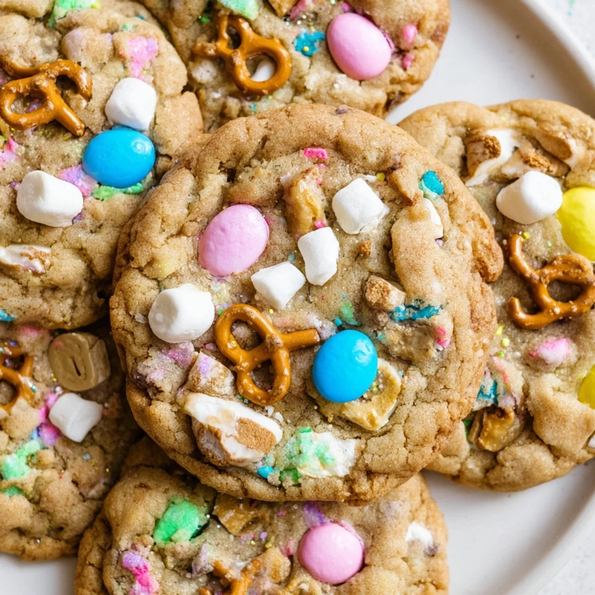 Colorful Easter Trash Cookies loaded with pastel candies pretzels and sprinkles on rustic parchment paper