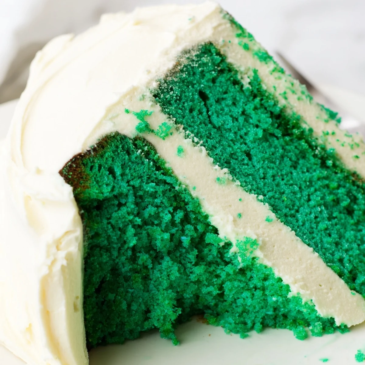 Green Velvet Cake with creamy frosting layered on a white serving plate for festive celebrations