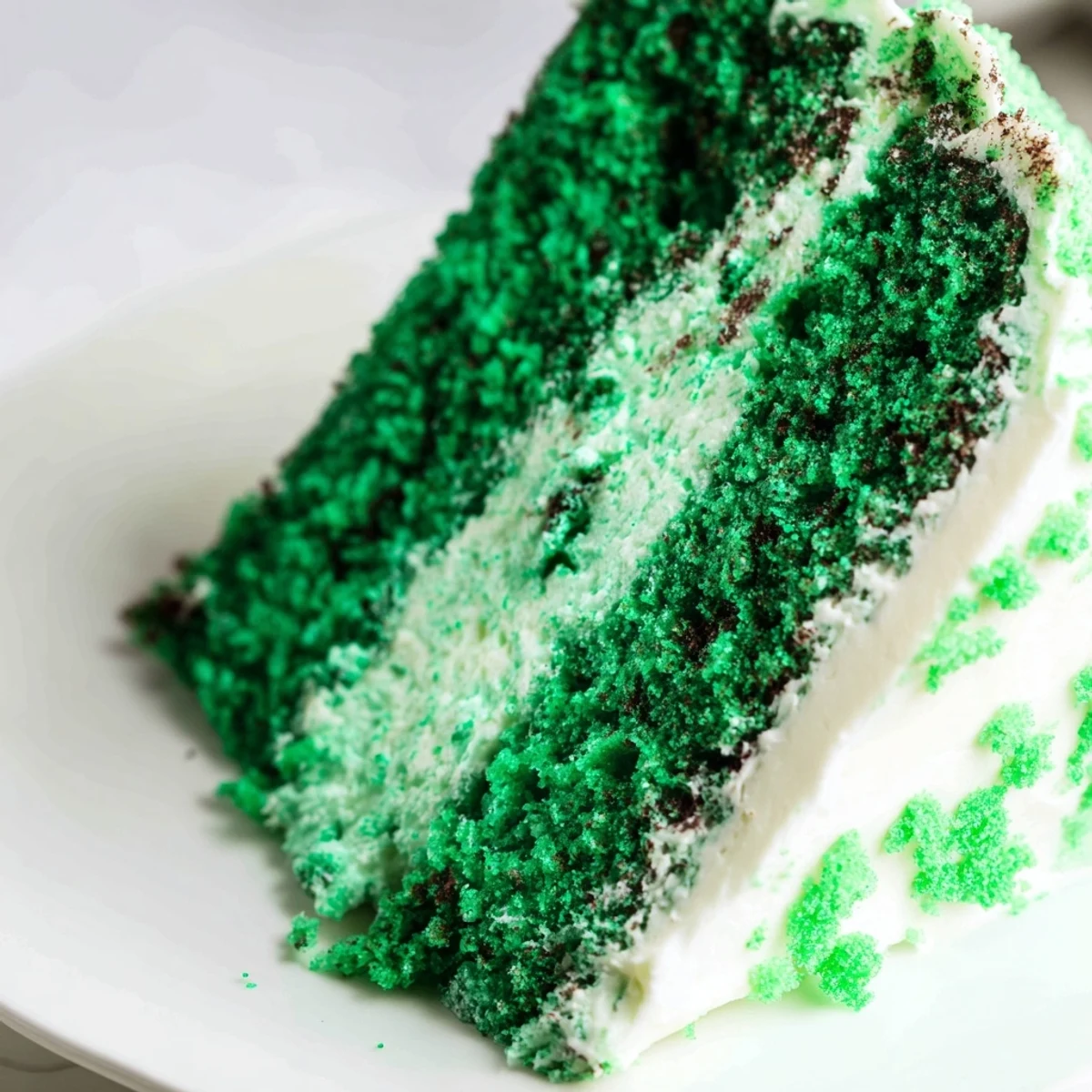 Vibrant emerald Green Velvet Cake slice showing moist cocoa-infused crumb and fluffy cream cheese frosting
