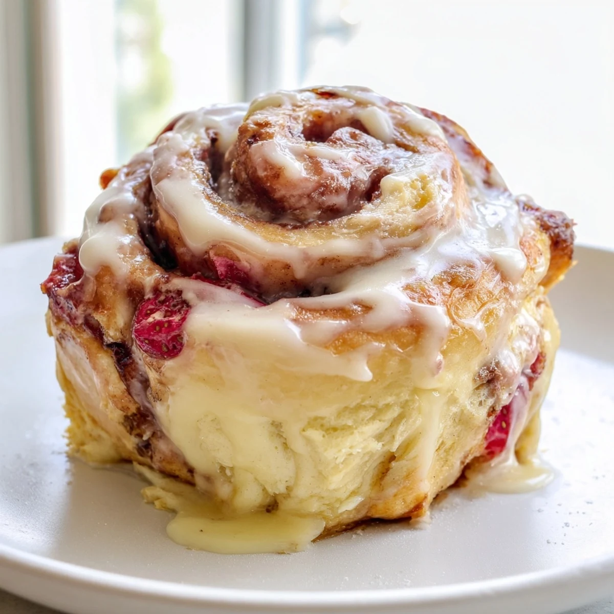 Fluffy Strawberry Cheesecake Cinnabon Rolls swirling with sweet strawberries and rich cream cheese filling