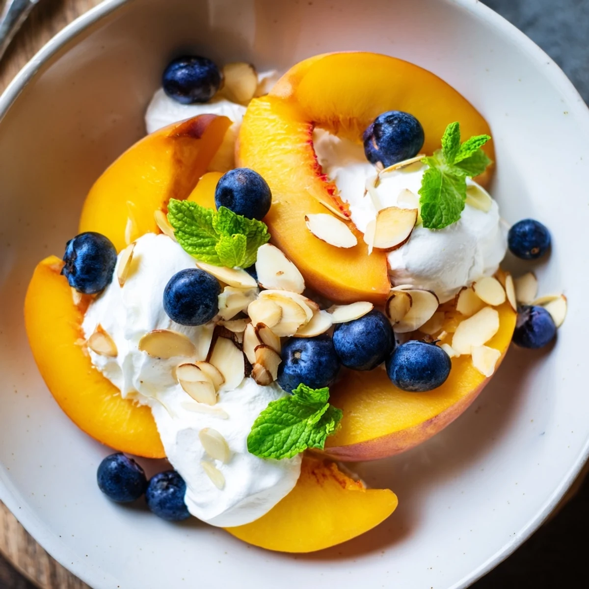 Fresh sliced peaches and cream salad topped with mint leaves in glass bowls