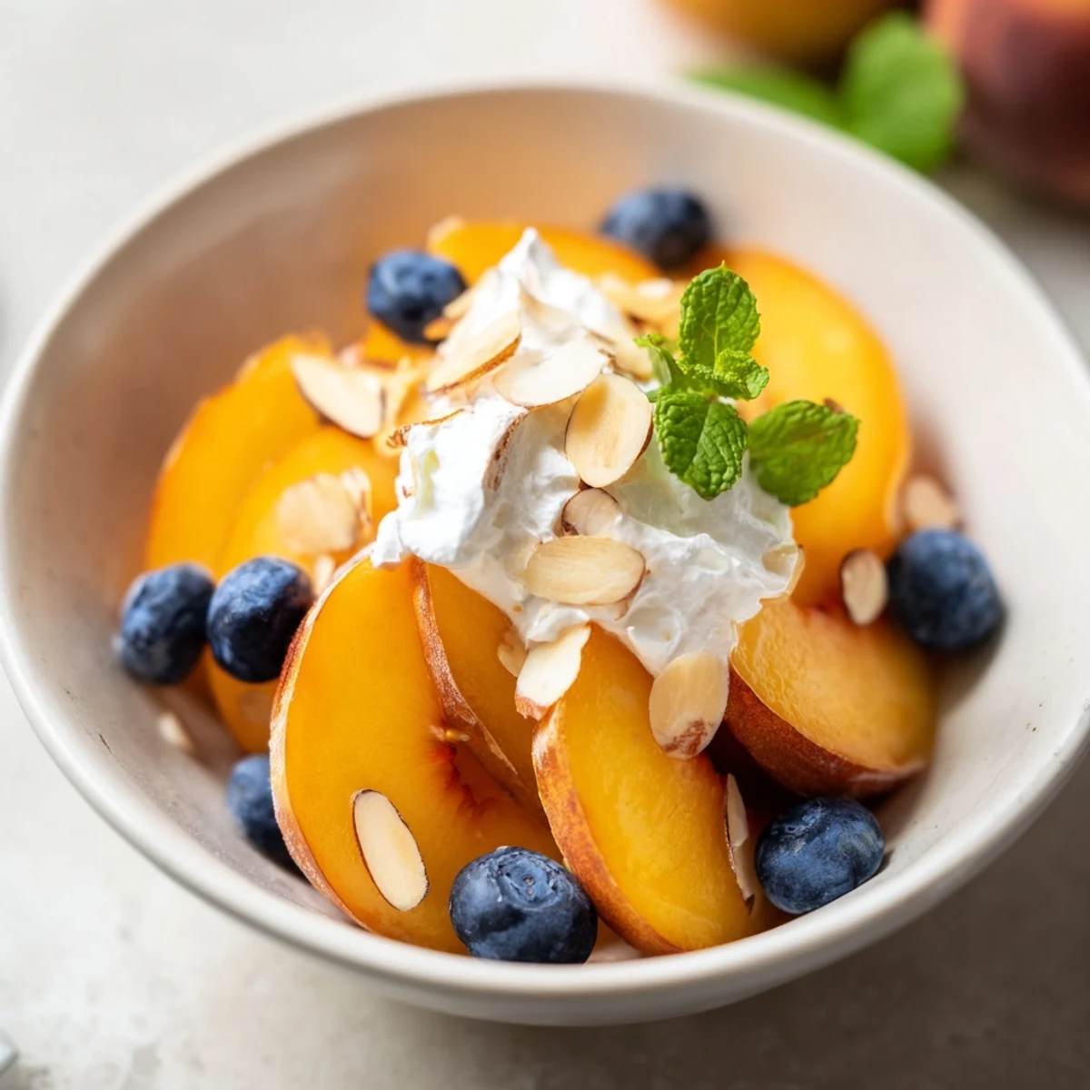 Creamy whipped topping cascading over ripe peach slices in this summer peaches and cream salad