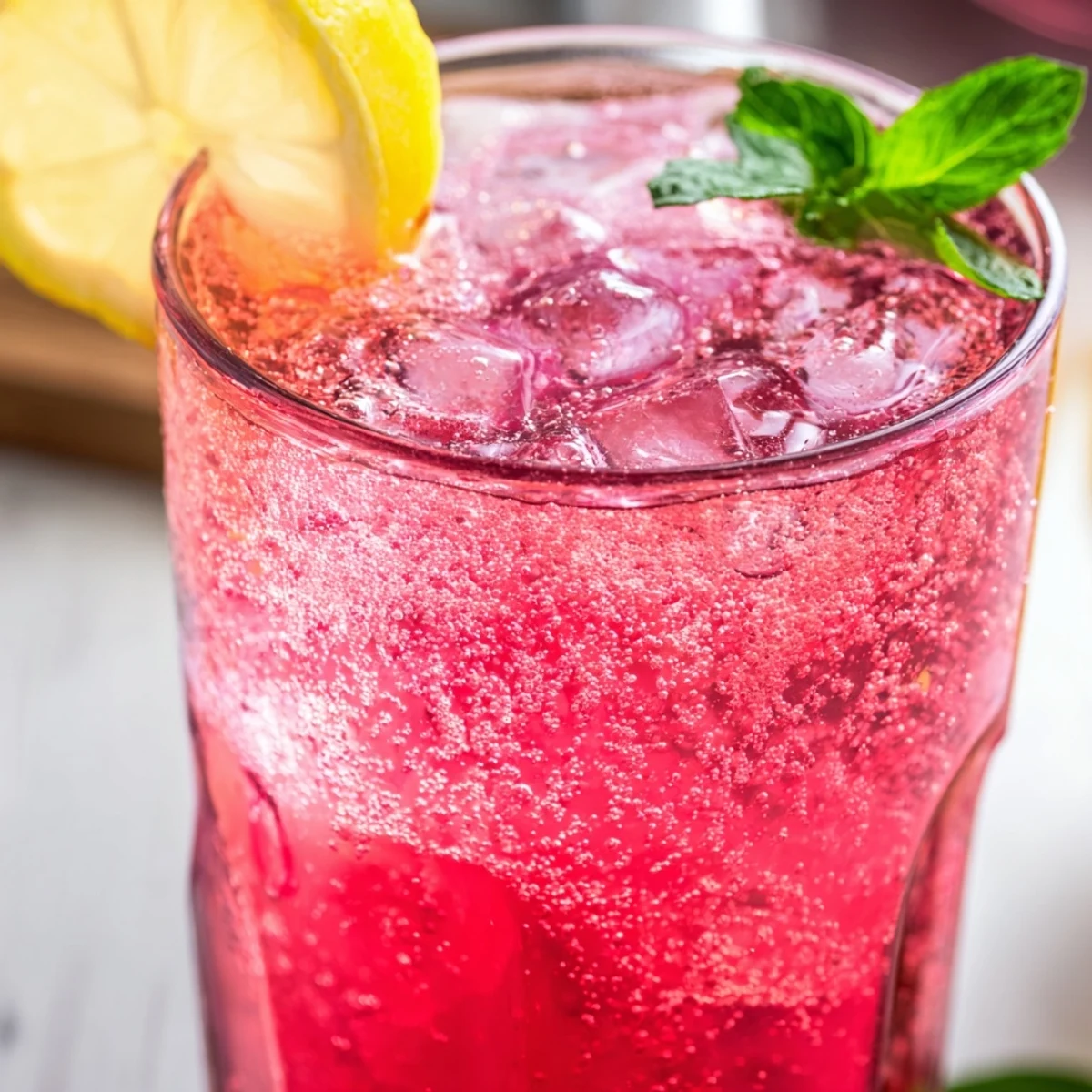 Refreshing honey lemon pink soda served over ice with fresh mint garnish