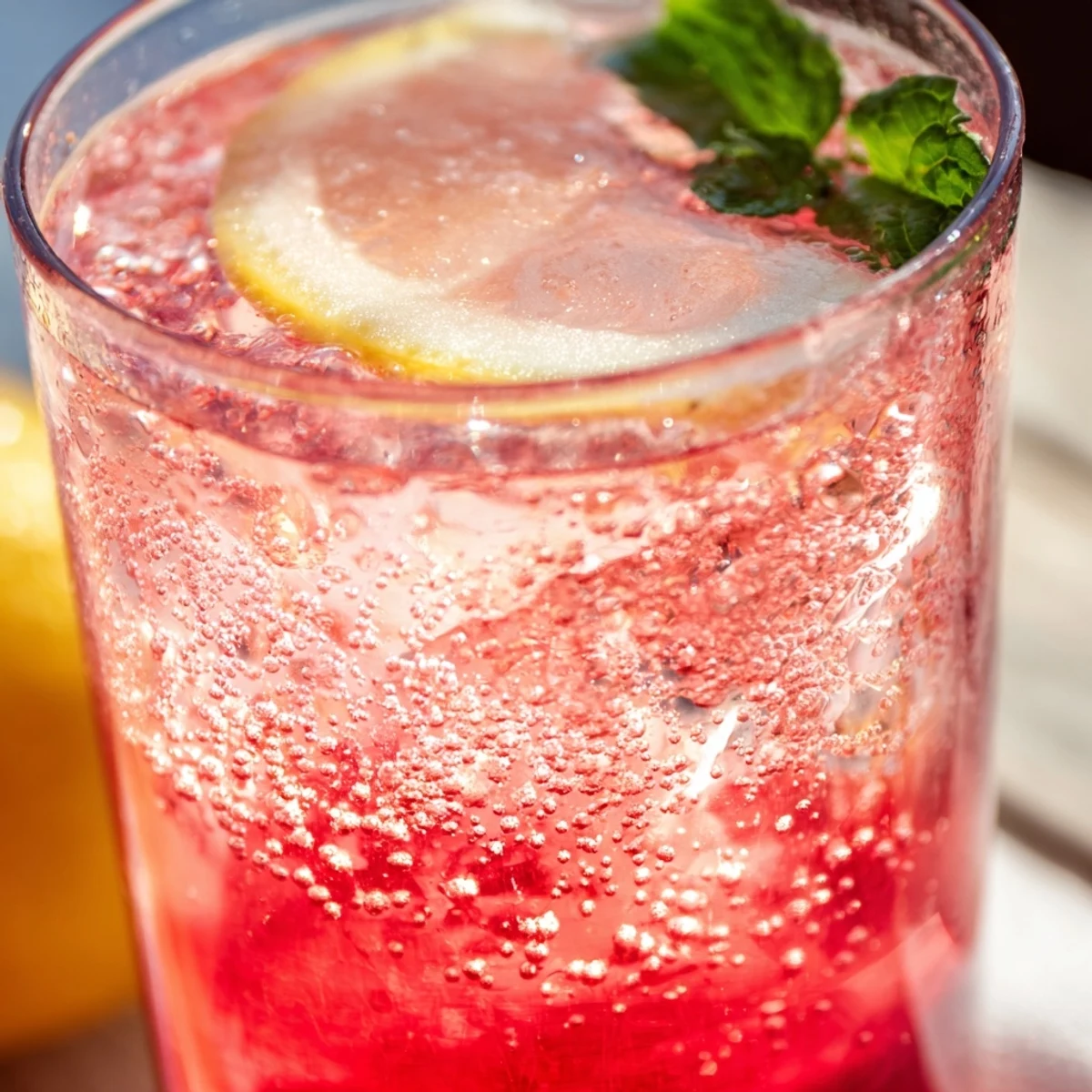 Sparkling honey lemon pink soda in glasses with lemon slices and mint leaves