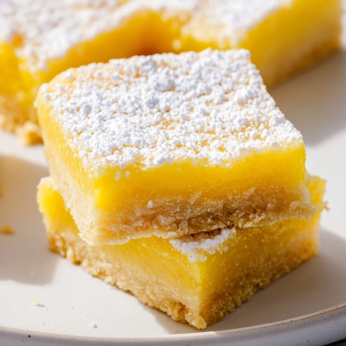 Golden lemon bars with powdered sugar dusting on a rustic cutting board