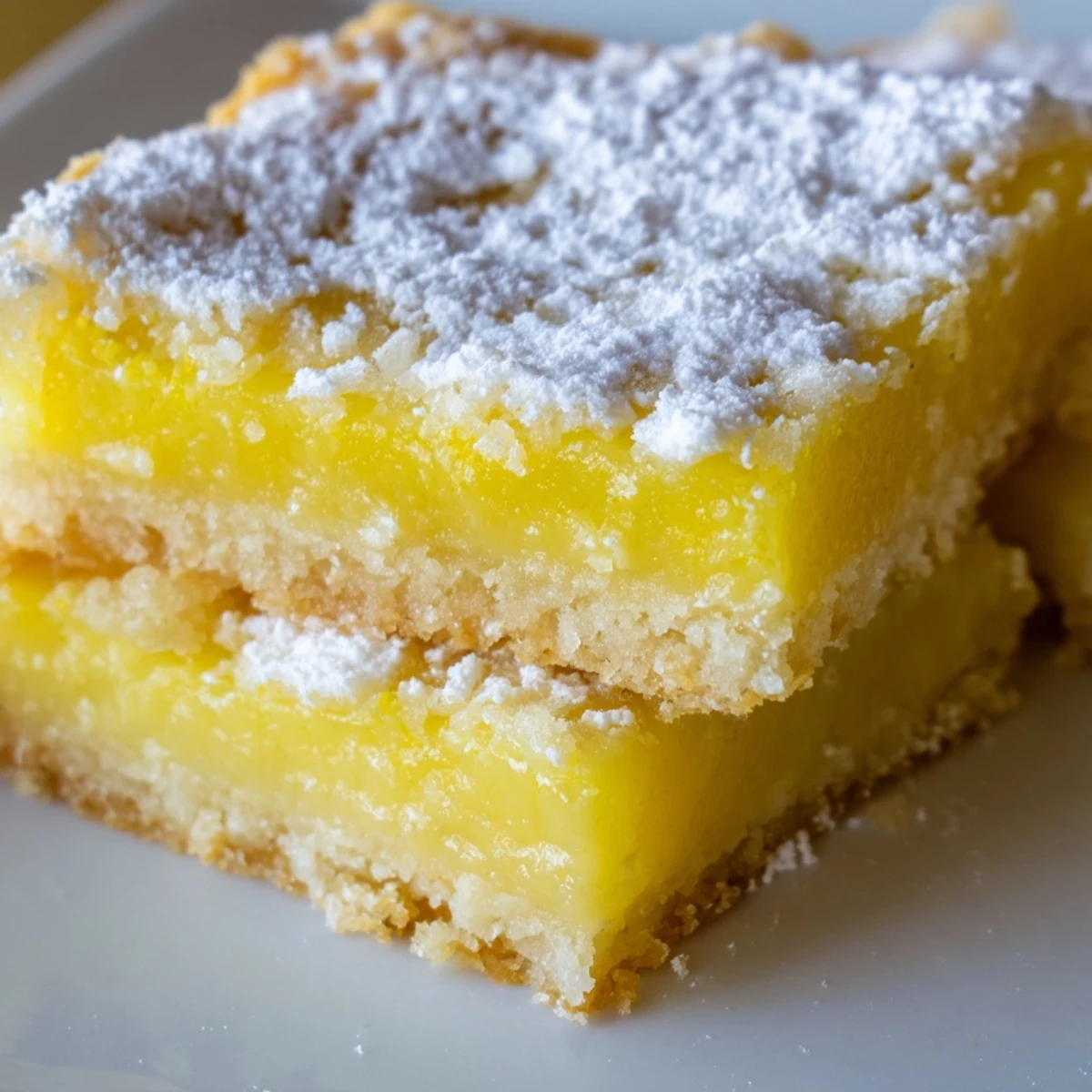 Bright yellow lemon bar squares showcasing a buttery shortbread crust topped with sugar