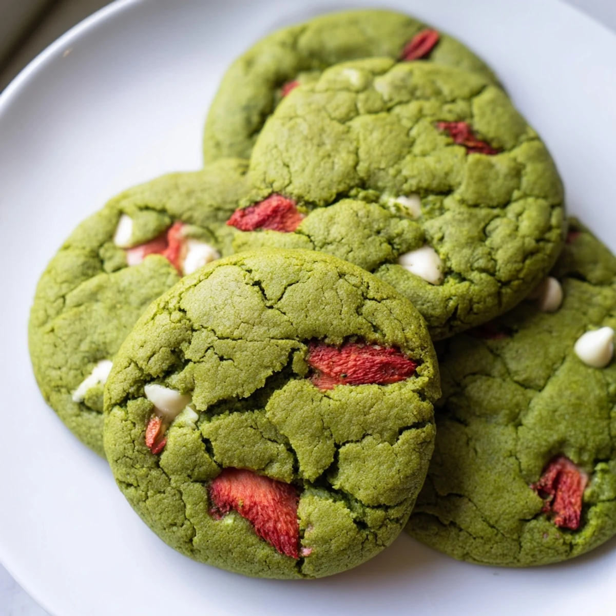 Soft strawberry matcha cookies with vibrant green color and scattered red fruit pieces