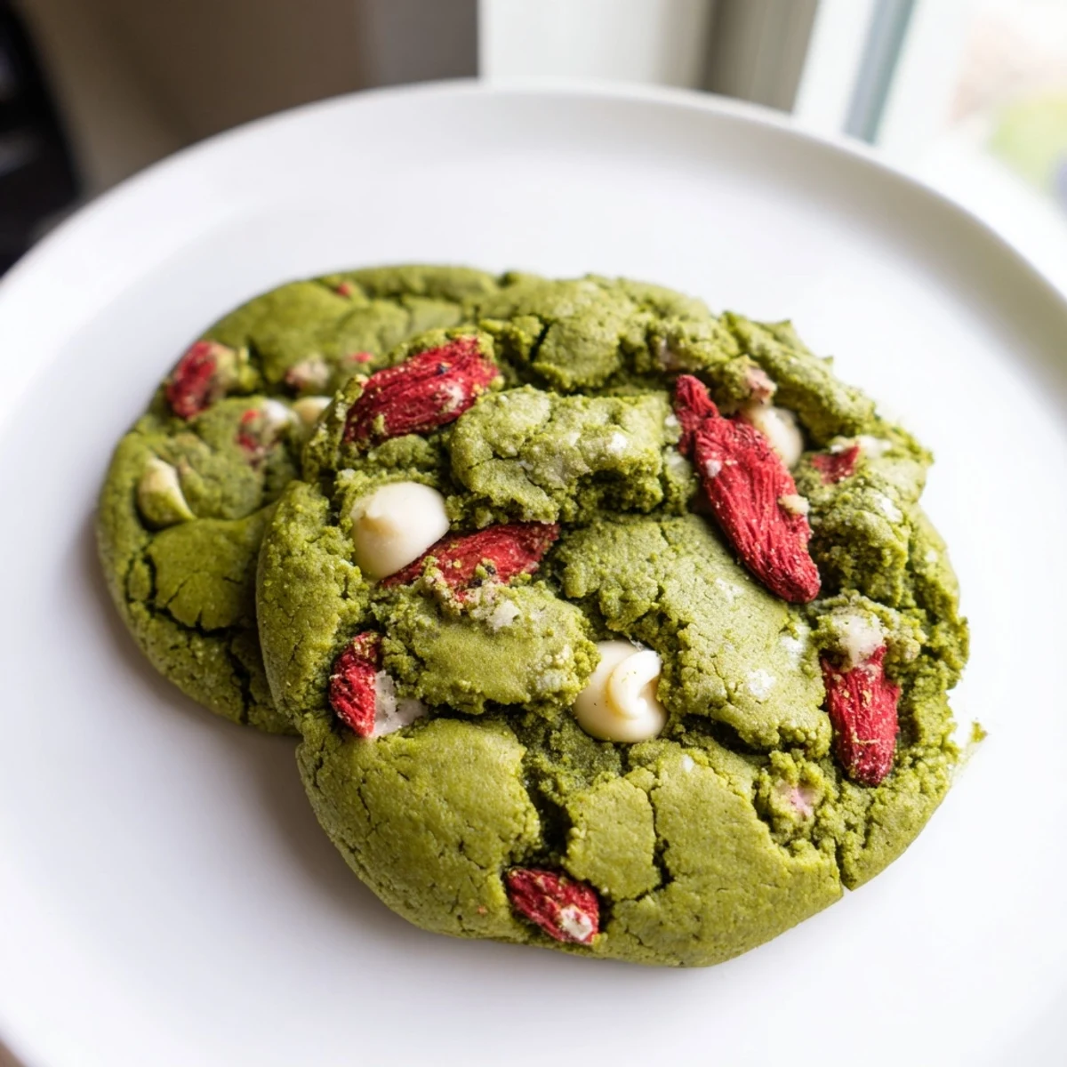 Golden-edged strawberry matcha cookies cooling on wire rack with speckled green dough