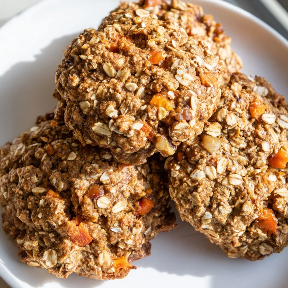 Chewy carrot cake cookies with visible carrot shreds, oats, and chopped walnuts on rustic parchment