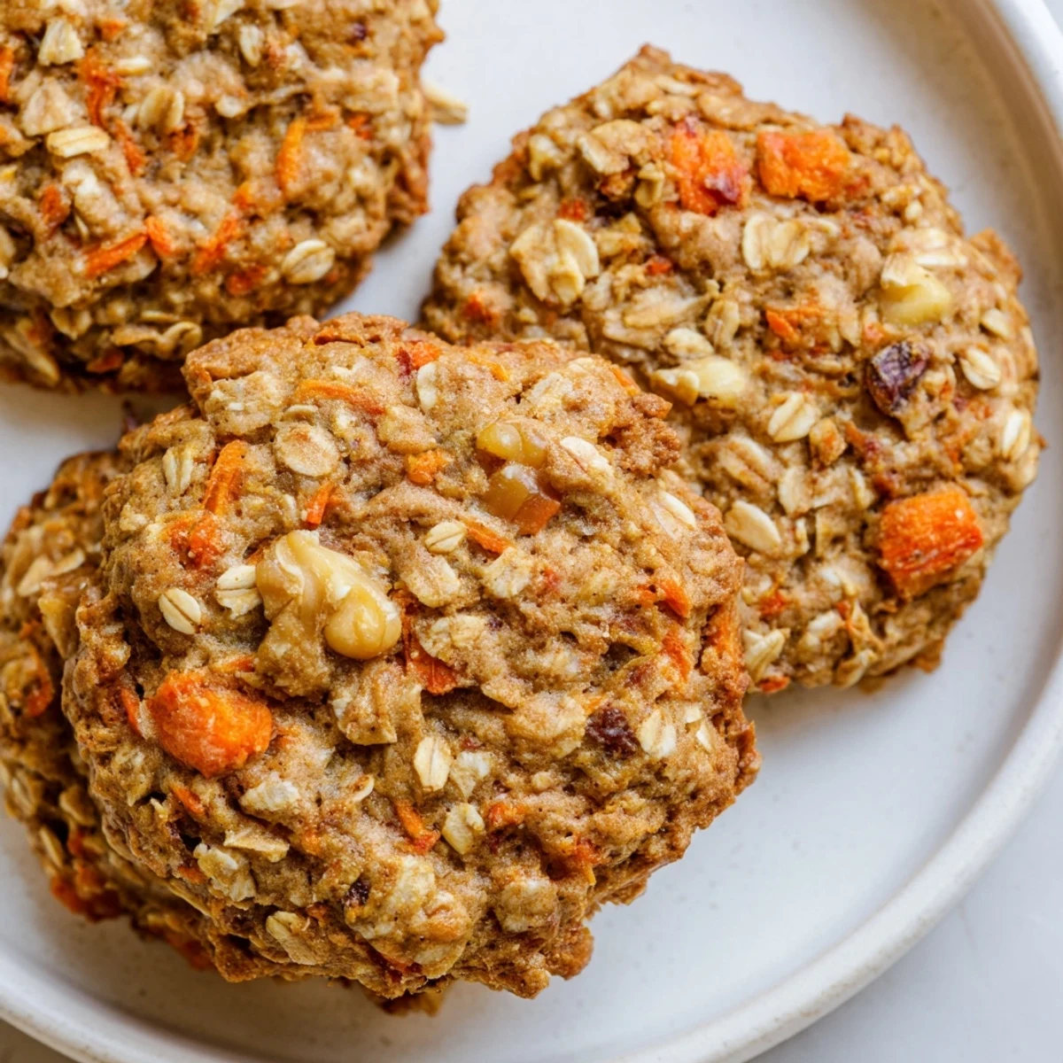 Golden brown chewy carrot cake cookies stacked on a cooling rack with speckled spice flecks