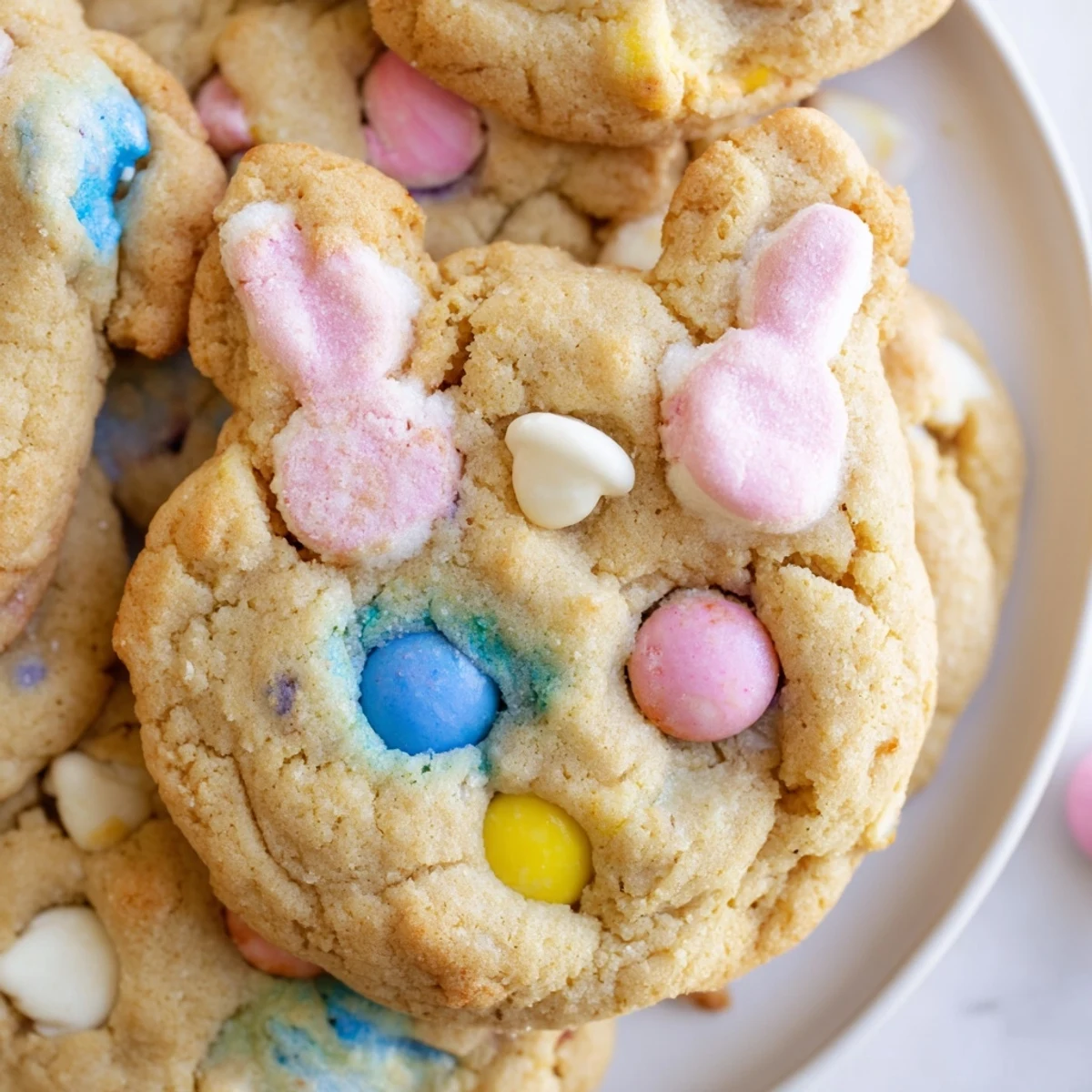 Soft M&M Bunny Cookies topped with colorful pastel candies on a rustic baking sheet for Easter