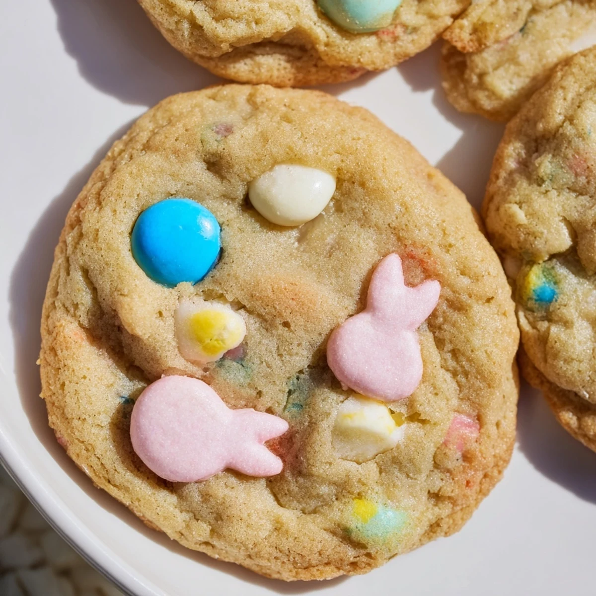 Chewy M&M Bunny Cookies with melted chocolate chips and bright spring-colored candies displayed on a white platter