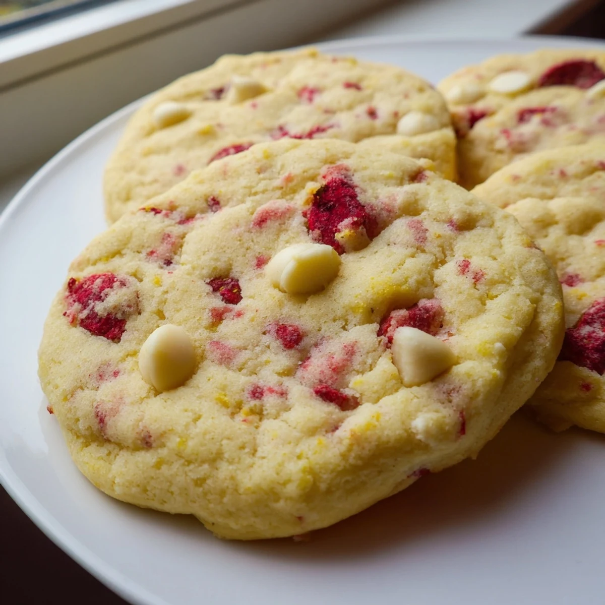 Golden Lemon Raspberry Cookies with juicy berry pieces on a rustic white plate