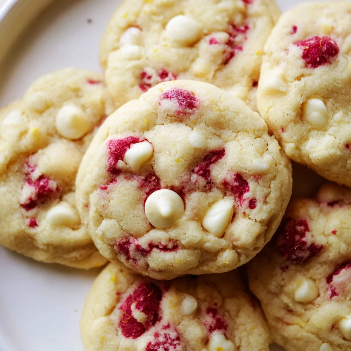 Chewy Lemon Raspberry Cookies with speckled zest and melted white chocolate chips