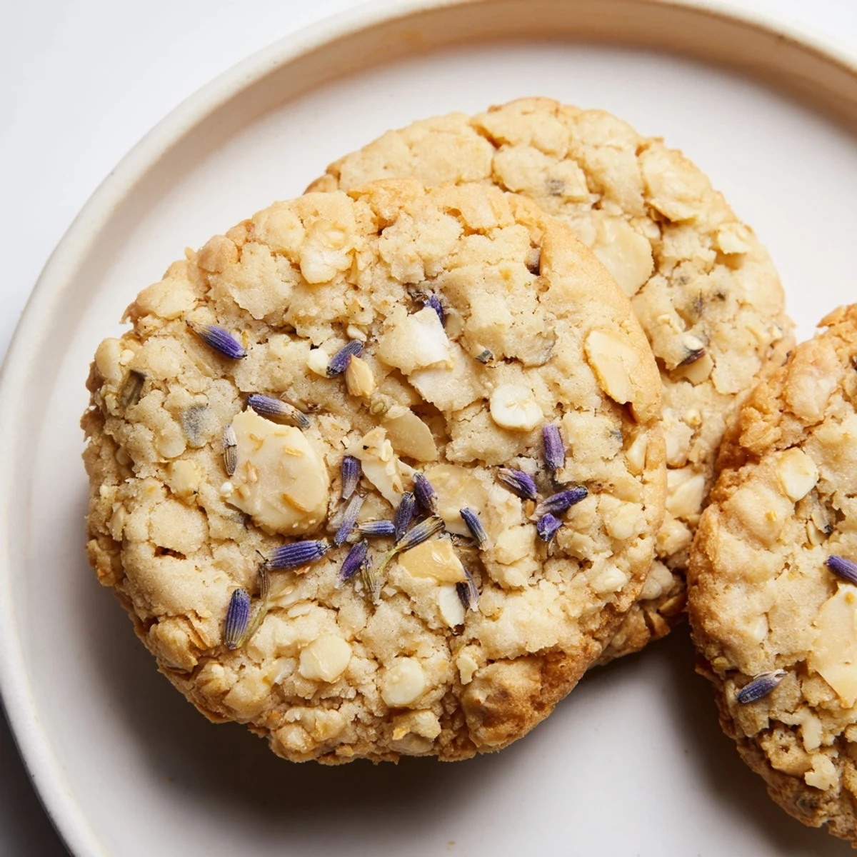 Golden Lavender Honey Crunch Cookies with visible lavender specks and toasted almond pieces on rustic parchment