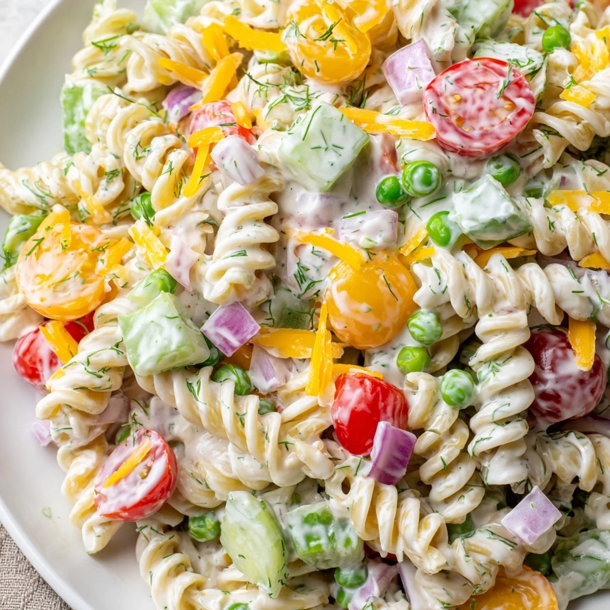Creamy ranch pasta salad in a serving bowl with colorful diced vegetables and fresh herbs