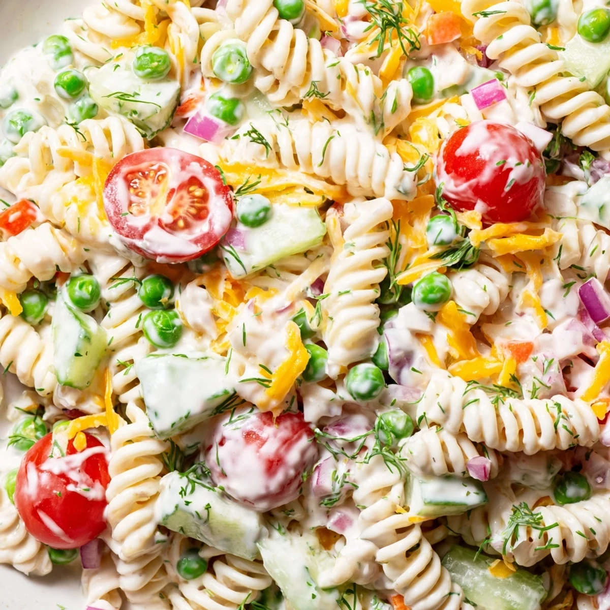 Chilled creamy ranch pasta salad featuring crisp cucumber tomatoes and tender rotini tossed together