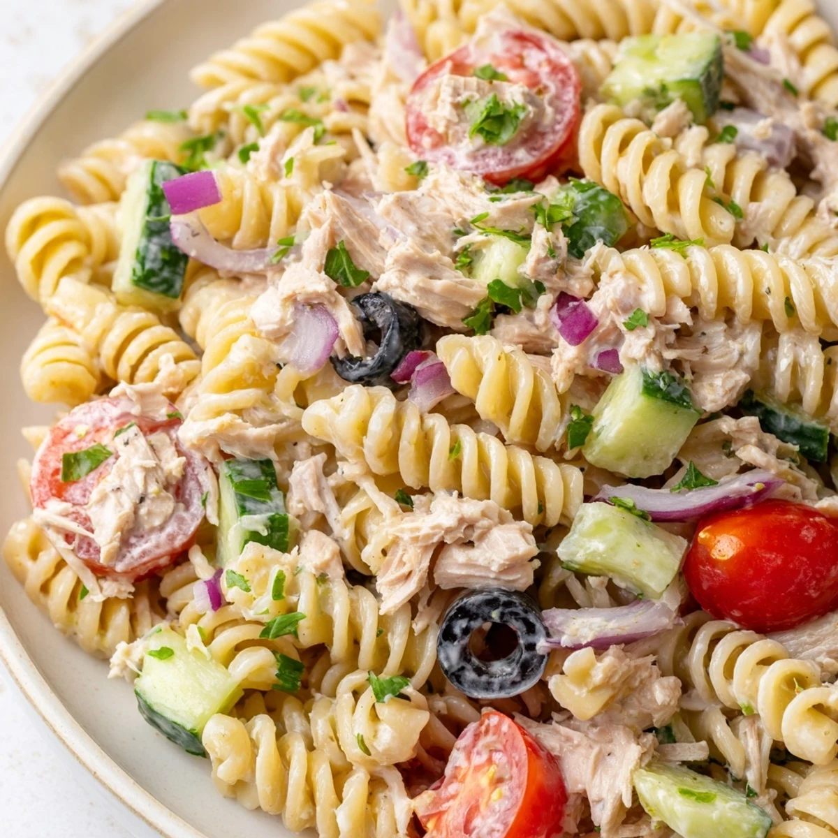 Chilled tuna pasta salad topped with black olives and fresh parsley garnish
