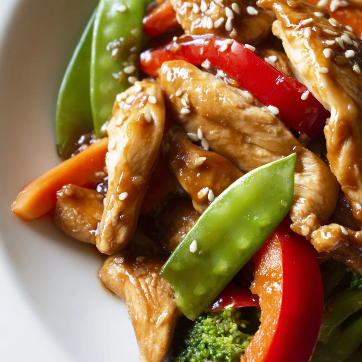 Sesame soy chicken stir fry sizzling in a wok with colorful crisp vegetables