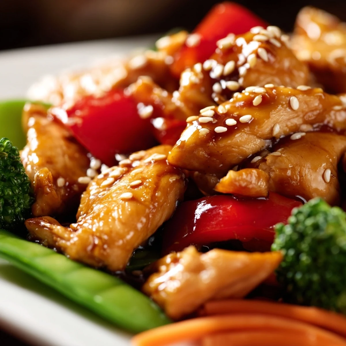 Tender sesame soy chicken stir fry topped with sesame seeds and green onions