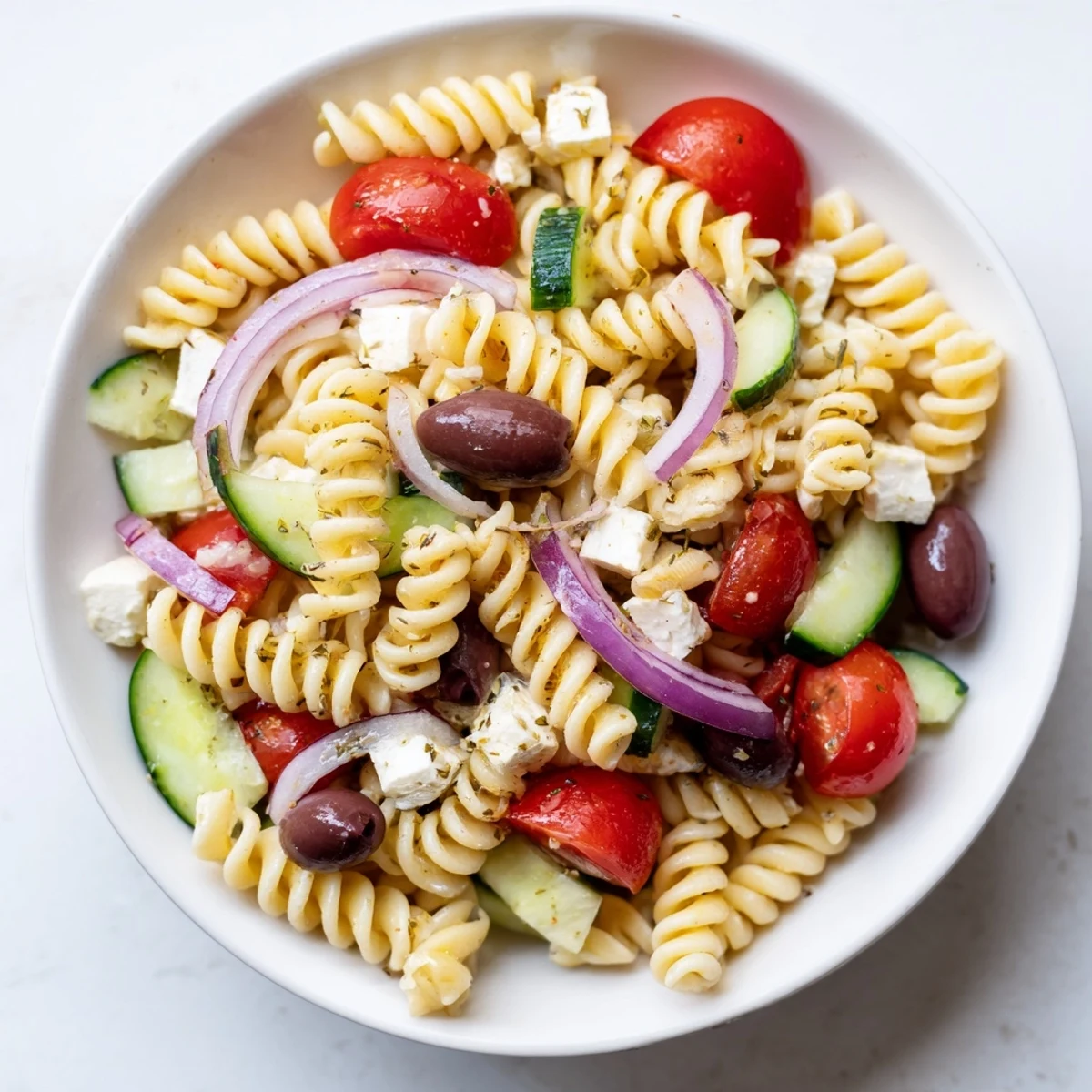 Greek pasta salad in a white bowl with crisp cucumbers, cherry tomatoes, and crumbled feta cheese