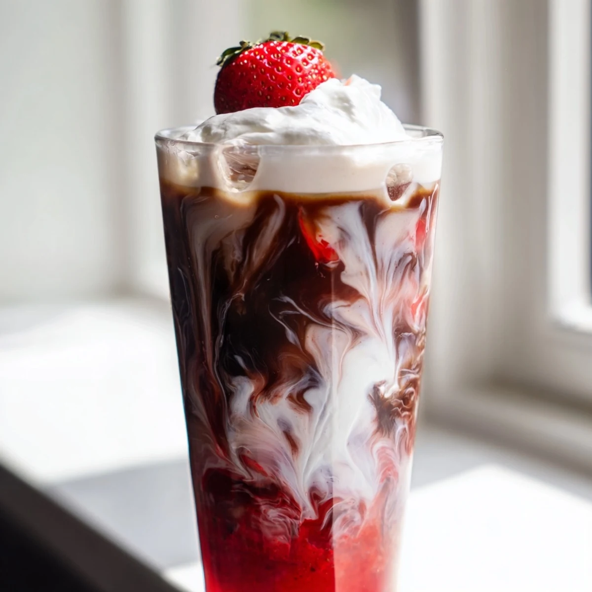 Creamy strawberry cold latte in a tall glass with swirled pink layers and ice