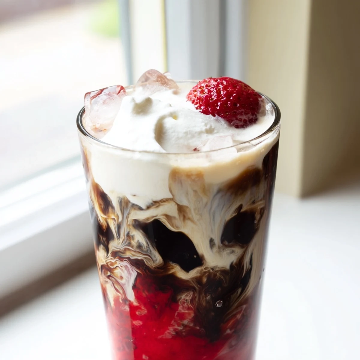 Refreshing strawberry cream cold latte topped with fluffy whipped cream and fresh berry garnish