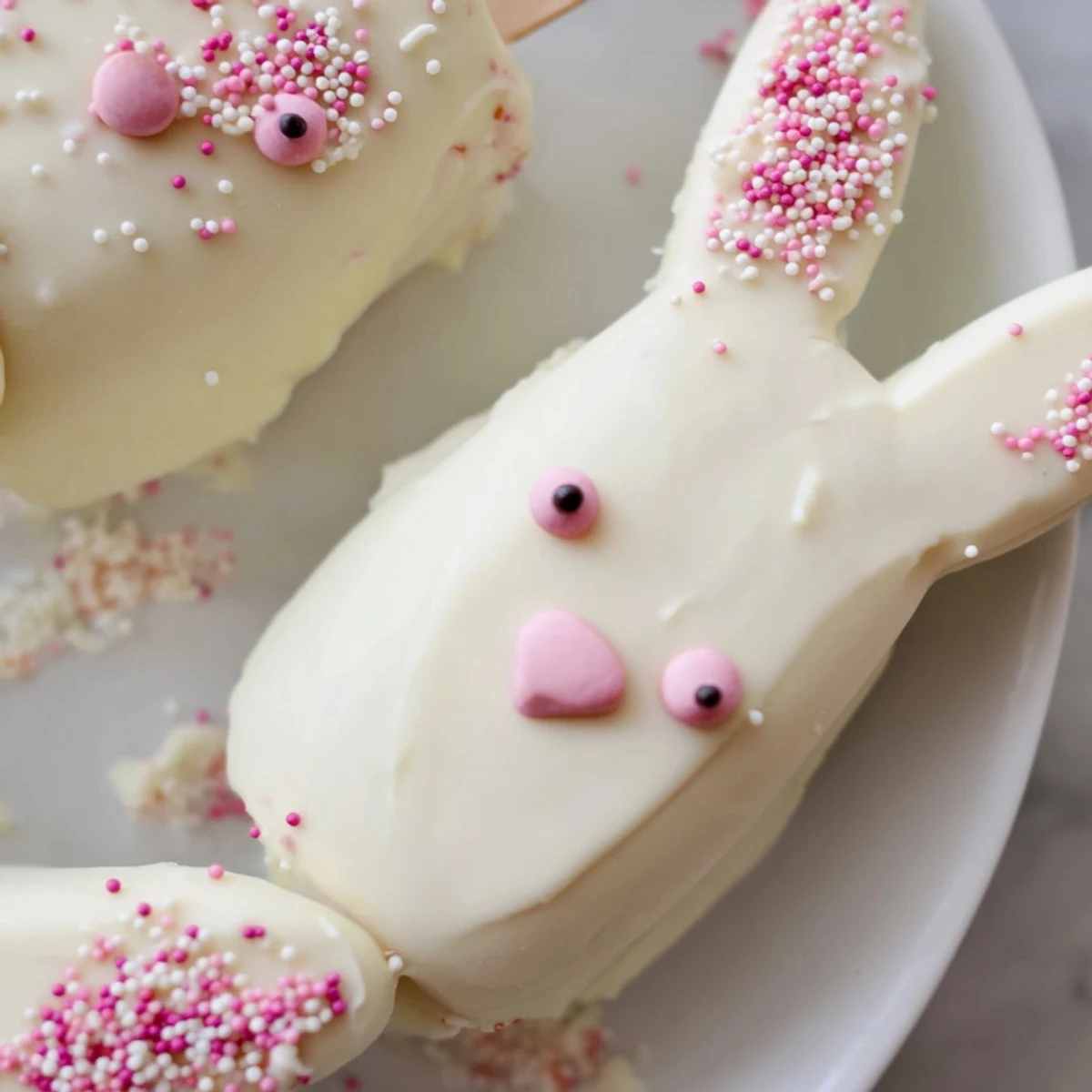 Adorable white chocolate bunny cakesicles with candy eyes and pink ears on sticks