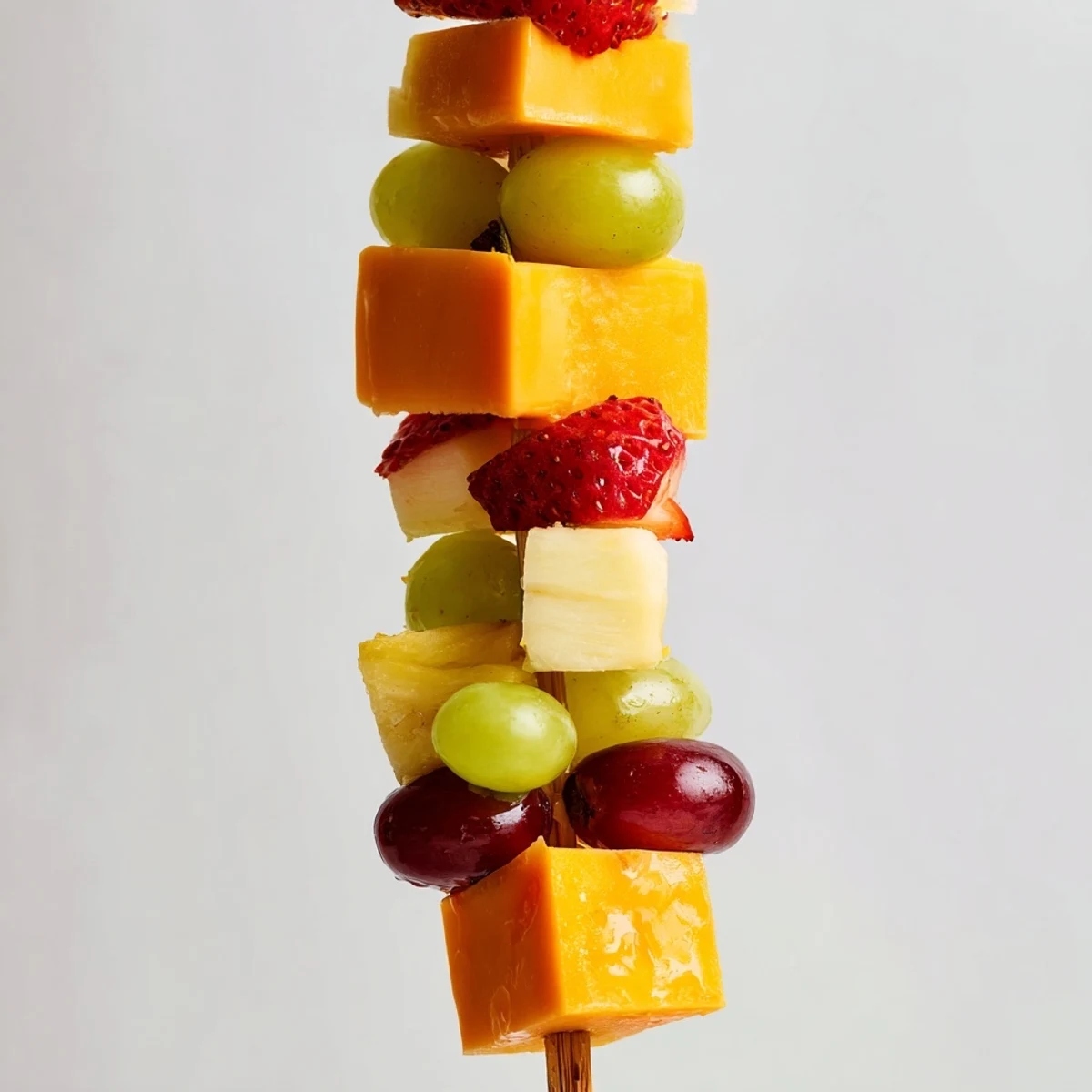 Colorful fruit and cheese kabobs arranged on a platter with grapes strawberries pineapple and cheddar cubes
