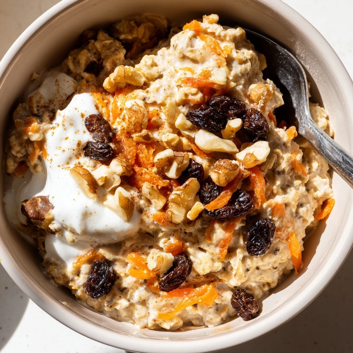 Carrot Cake Overnight Oats in a glass jar topped with crunchy walnuts and a sprinkle of warm cinnamon.