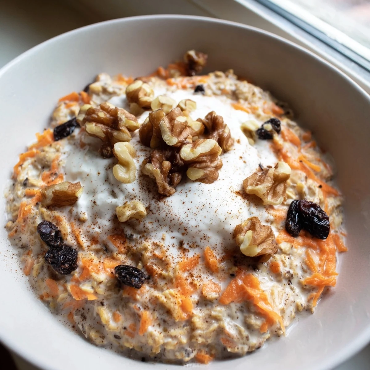 Creamy Carrot Cake Overnight Oats with grated carrots and raisins served in a rustic mason jar.