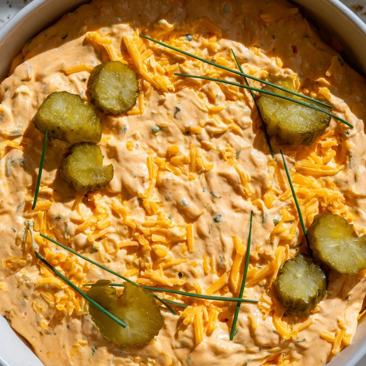 Tangy buffalo pickle dip topped with cheddar cheese and chives in a rustic serving dish